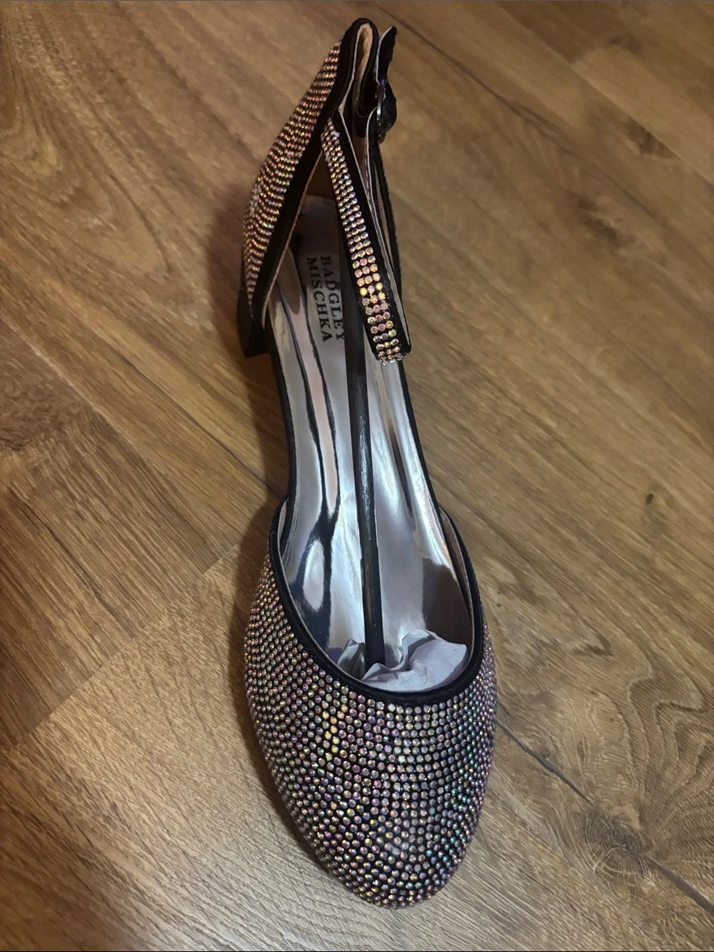 Badgley Mischka Iridescent Crystal Flats with Black Trim and Ankle Strap